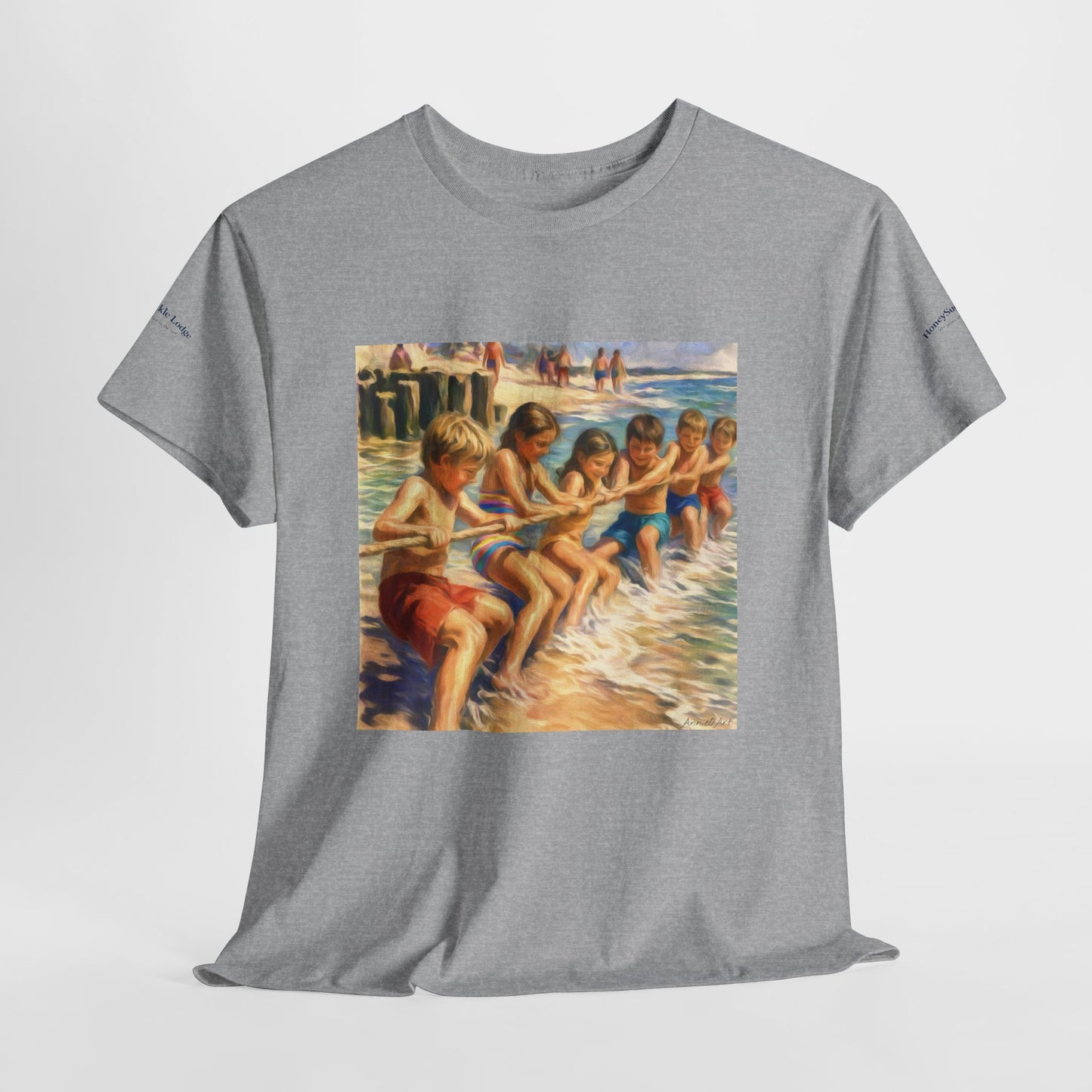 Honeysuckle Lodge Vintage Beach Print tee shirt front/back ("Honeysuckle Lodge - 50+ years of fun in the sun")