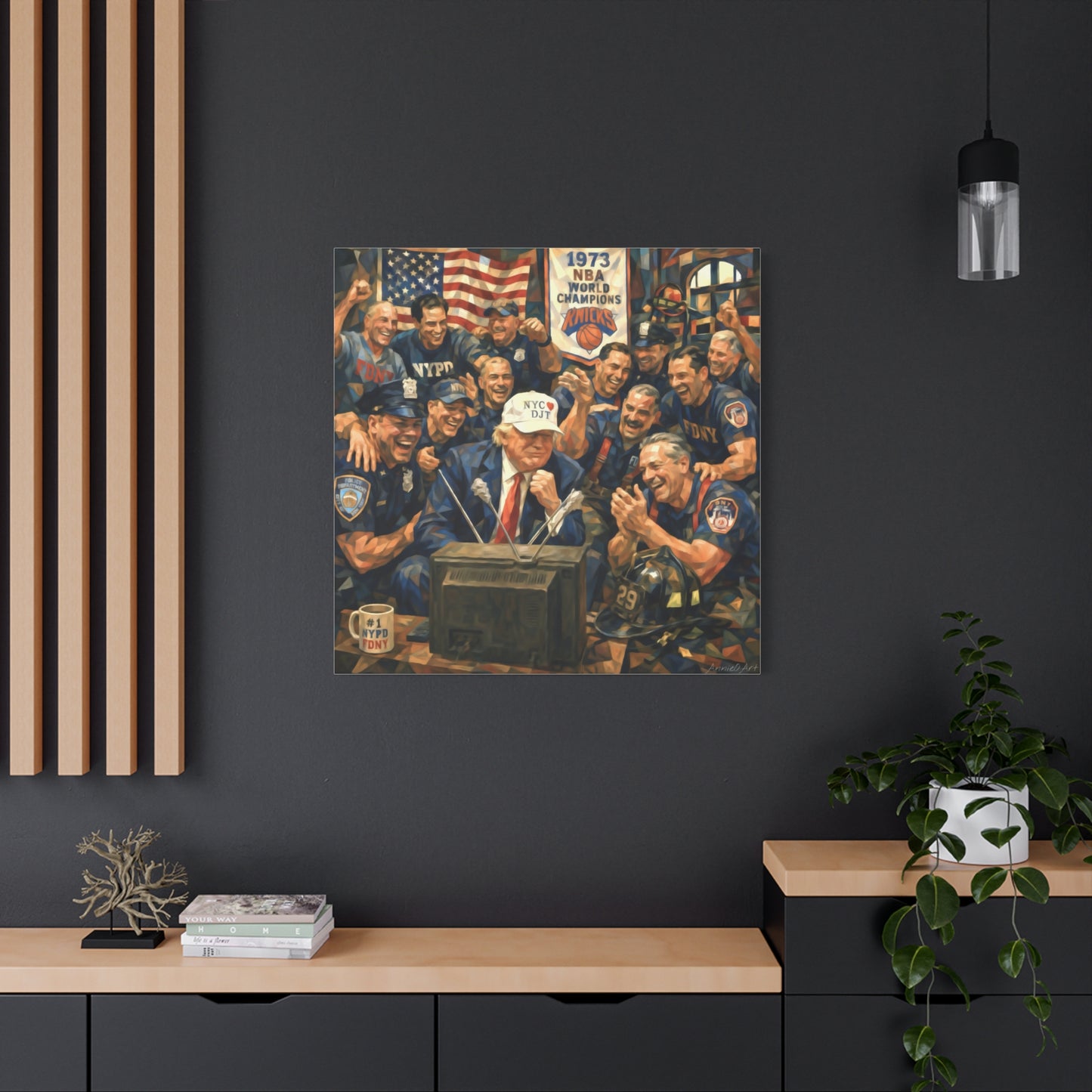 Trump Patriotic NYC Firefighters  Matte Stretched Canvas — Vintage NYPD Tribute Wall Art