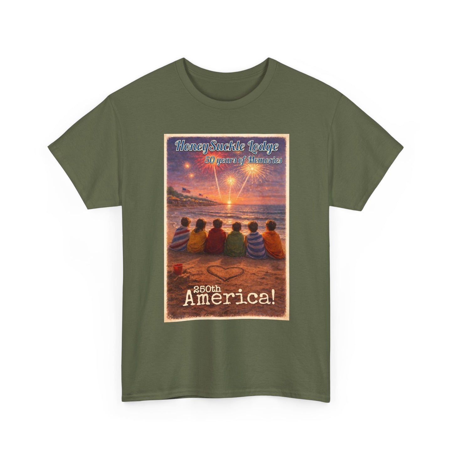 HoneySuckle Lodge 50th—Patriotic Sunset Beach T‑Shirt – 'God Bless America' Vintage Kids Watching Fireworks