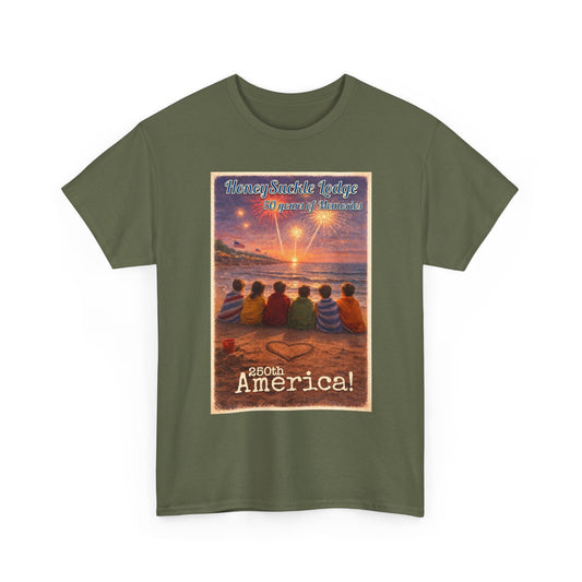 HoneySuckle Lodge 50th—Patriotic Sunset Beach T‑Shirt – 'God Bless America' Vintage Kids Watching Fireworks