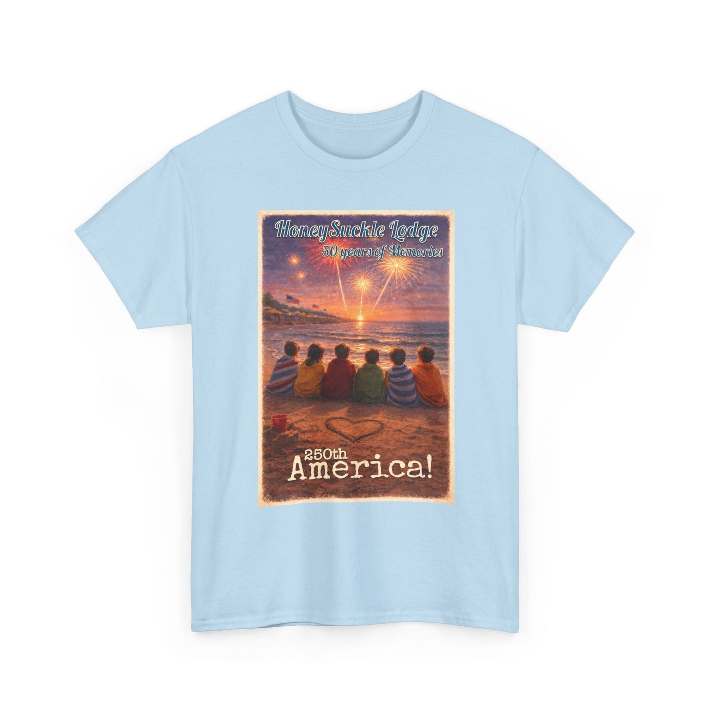 HoneySuckle Lodge 50th—Patriotic Sunset Beach T‑Shirt – 'God Bless America' Vintage Kids Watching Fireworks