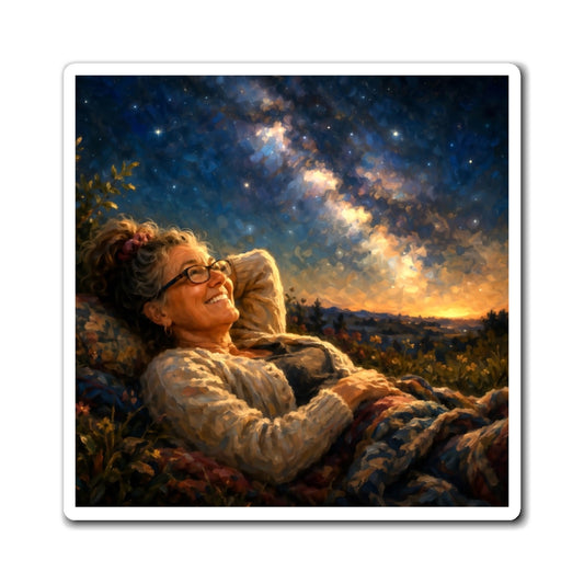 Starry Night Dreamer Magnet — Cozy Stargazing Art Refrigerator Magnet