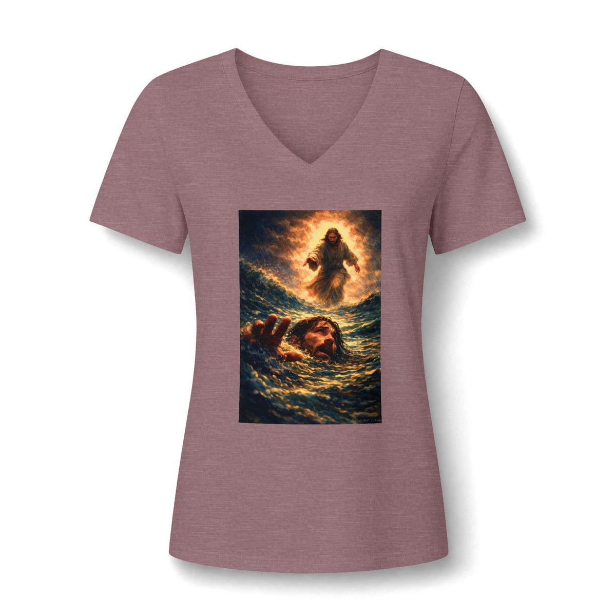 V-Neck Tee -Jesus Saving Peter—Walking on Water Christian Graphic Shirt