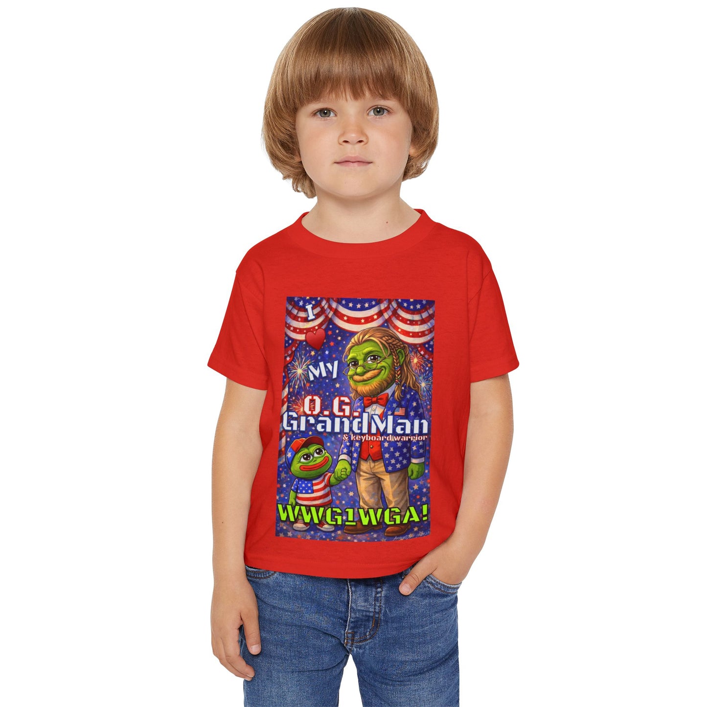 GrandMan/Grandpa Anons & Keyboard Warriors — "I ♥️ My O.G. GrandMan" Patriotic Frog Kids Tee (WWG1WGA)