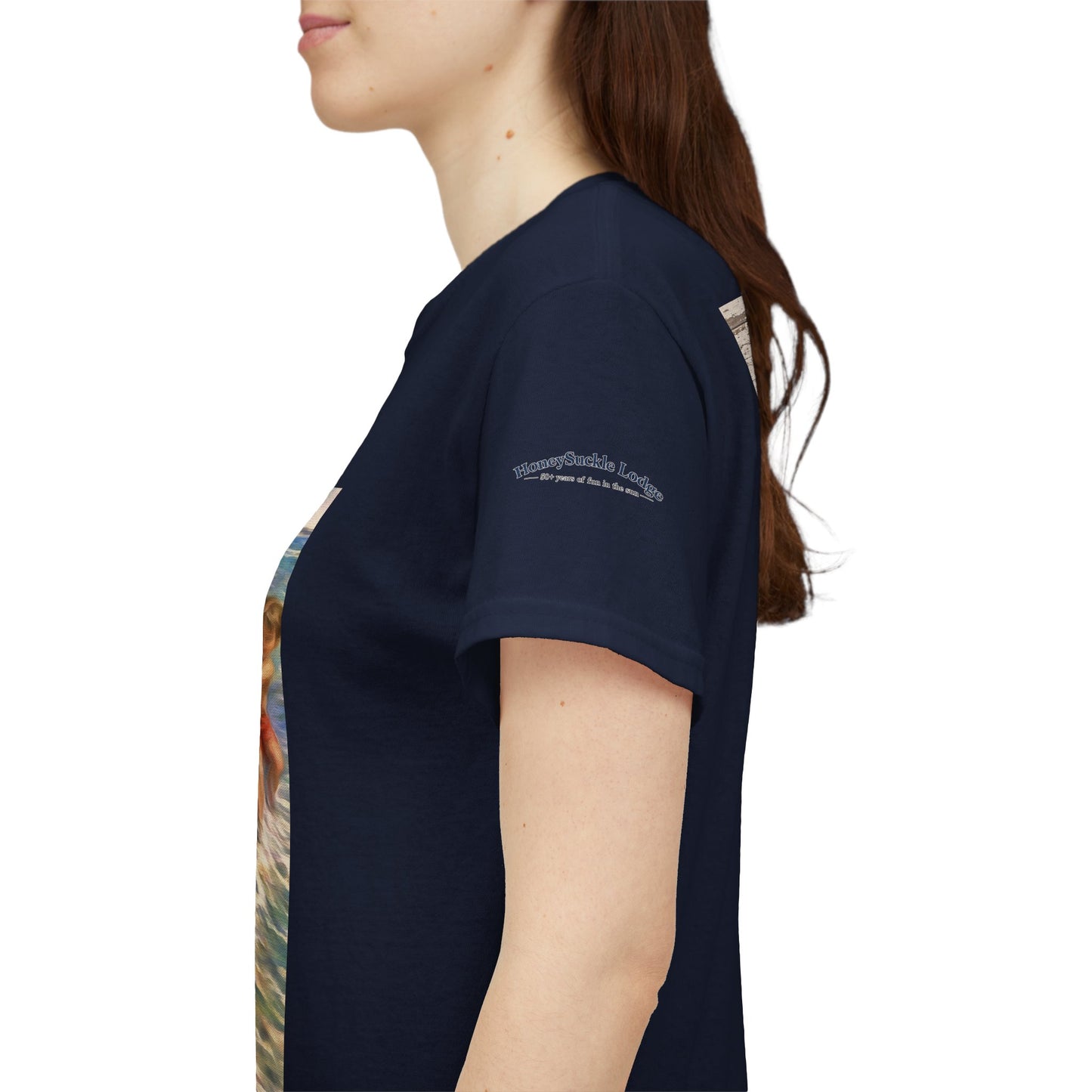 Honeysuckle Lodge Vintage Beach Print tee shirt front/back ("Honeysuckle Lodge - 50+ years of fun in the sun")