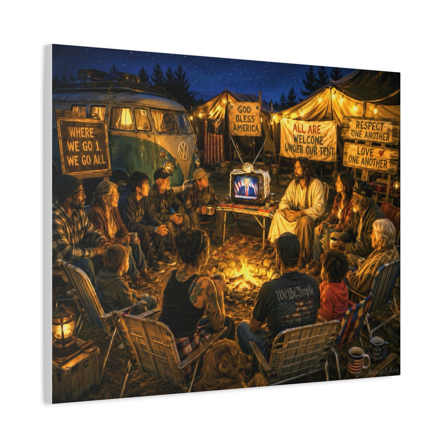 God Bless America—Campfire Fellowship Canvas Wall Art — 'All Are Welcome' Rustic Gathering Scene—MAGA—WWG1WGA