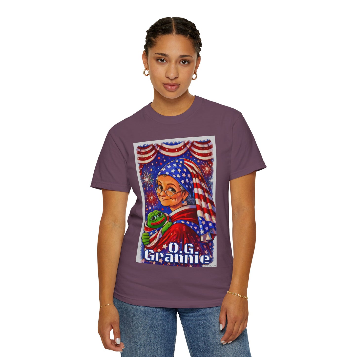 Grandmas Patriotic Original Gansta “OG Grannie” T-Shirt — American Flag Grandma w baby Pepe Graphic Tee