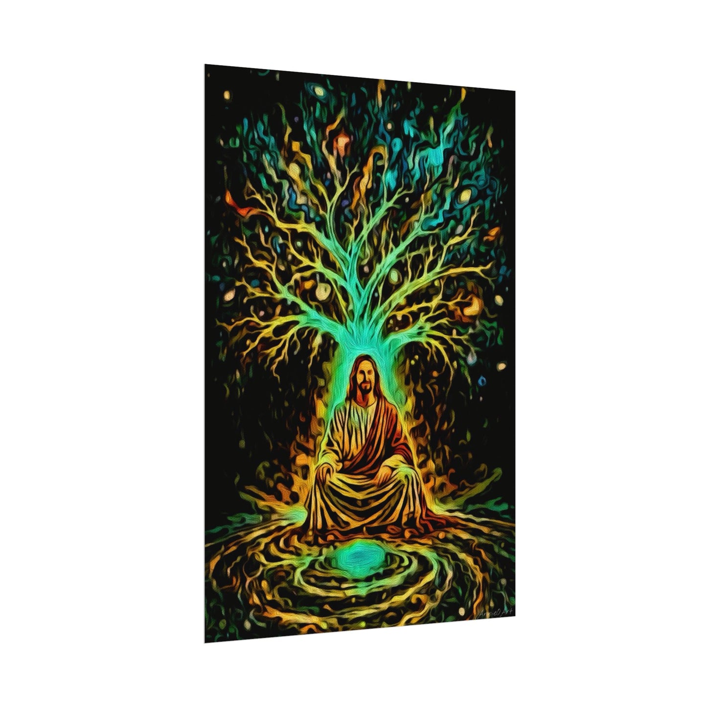 Spiritual Jesus Tree Watercolor Poster — Textured Matte Wall Art