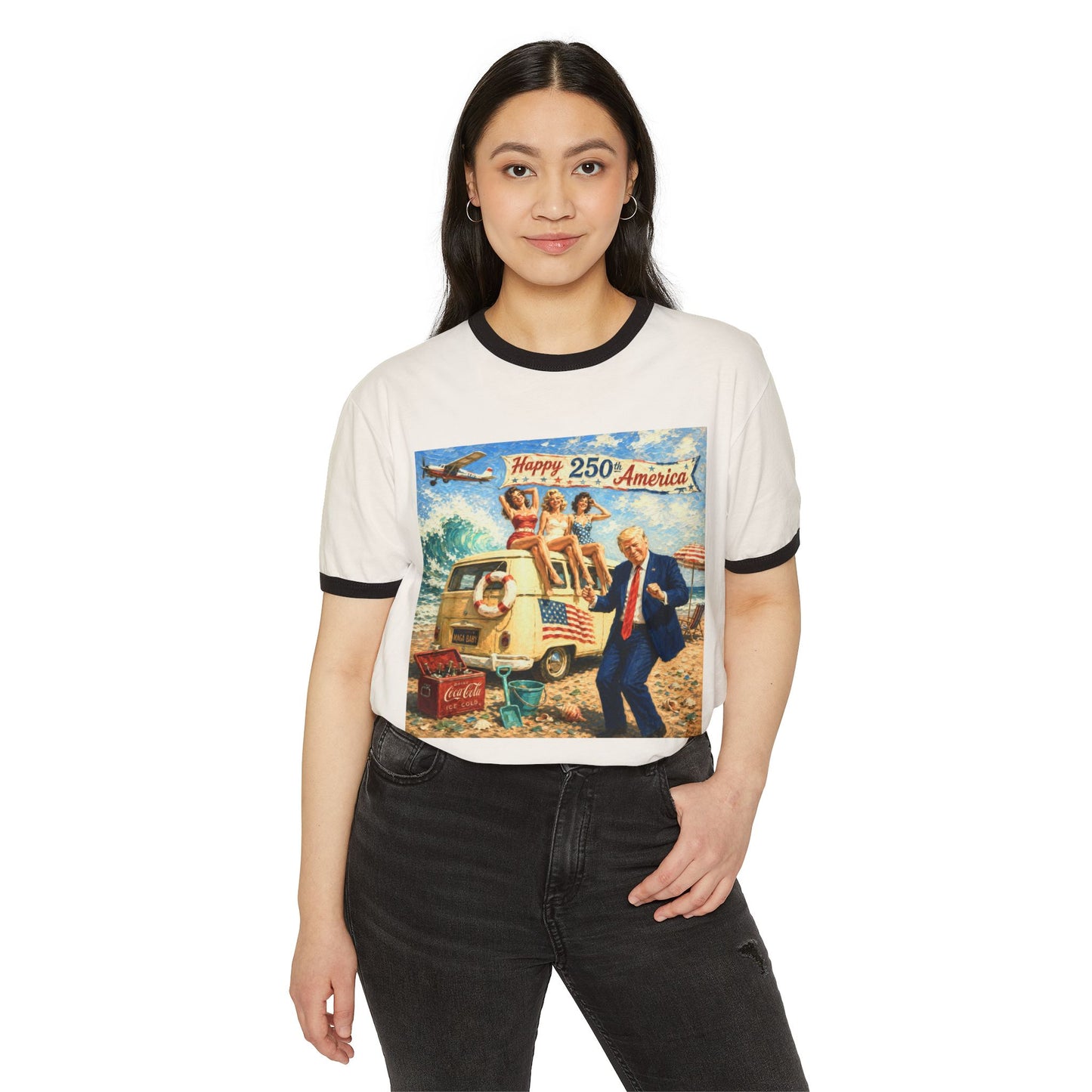 Trump Retro Patriotic Ringer T-Shirt — "Happy 250 America" Vintage Beach Scene