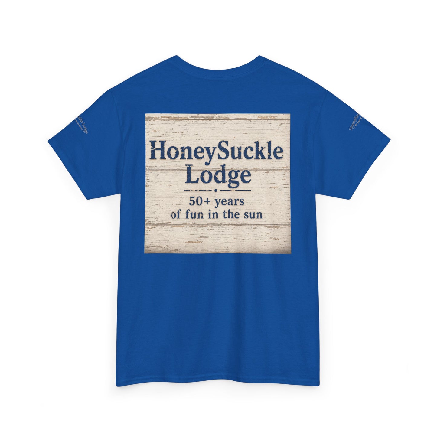 Honeysuckle Lodge Vintage Beach Print tee shirt front/back ("Honeysuckle Lodge - 50+ years of fun in the sun")