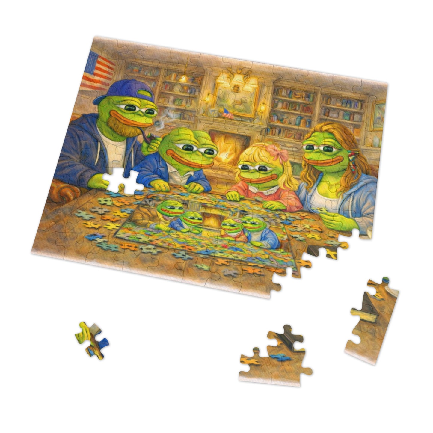 Family Game Night Jigsaw Puzzle with Tin — Cozy Cabin Pepe Frog Scene