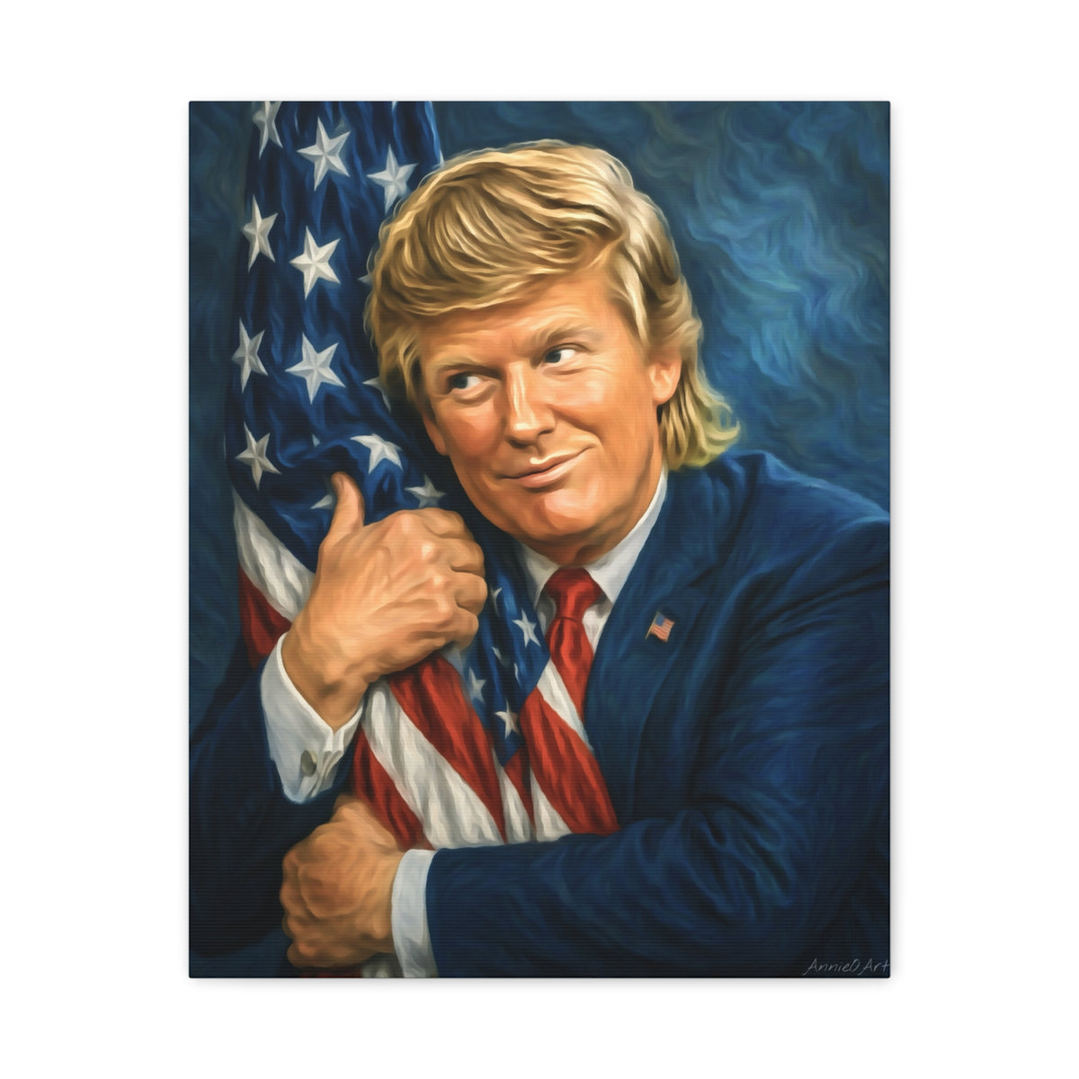 Trump Hugging American Flag— Portrait Canvas