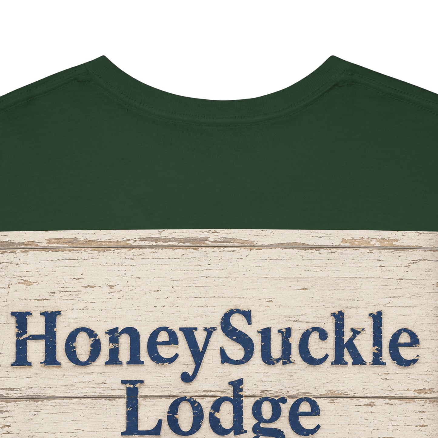 Honeysuckle Lodge Vintage Beach Print tee shirt front/back ("Honeysuckle Lodge - 50+ years of fun in the sun")