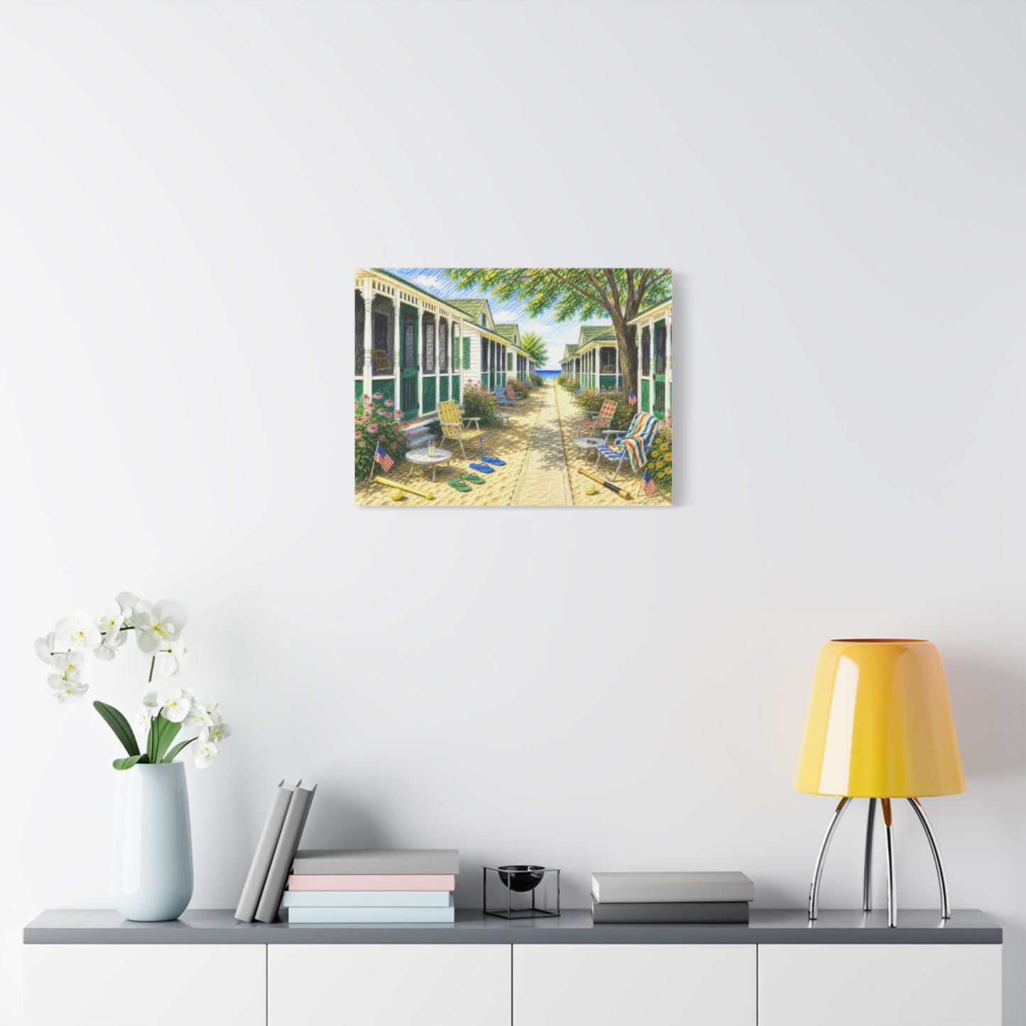 Beach Bungalow Path Americana Matte Canvas Wall Art — 1970’s Summer Seaside Bungalow Print