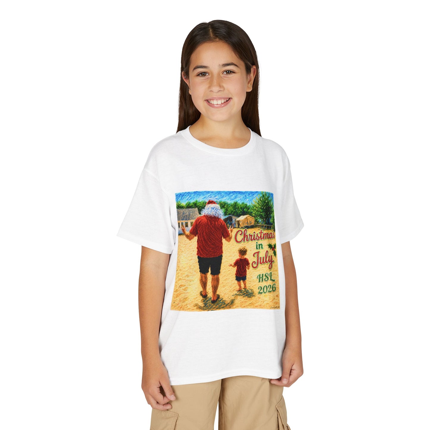 Youth T-Shirt — "Christmas in July" Beach Santa Kids Tee (HSL 2026)