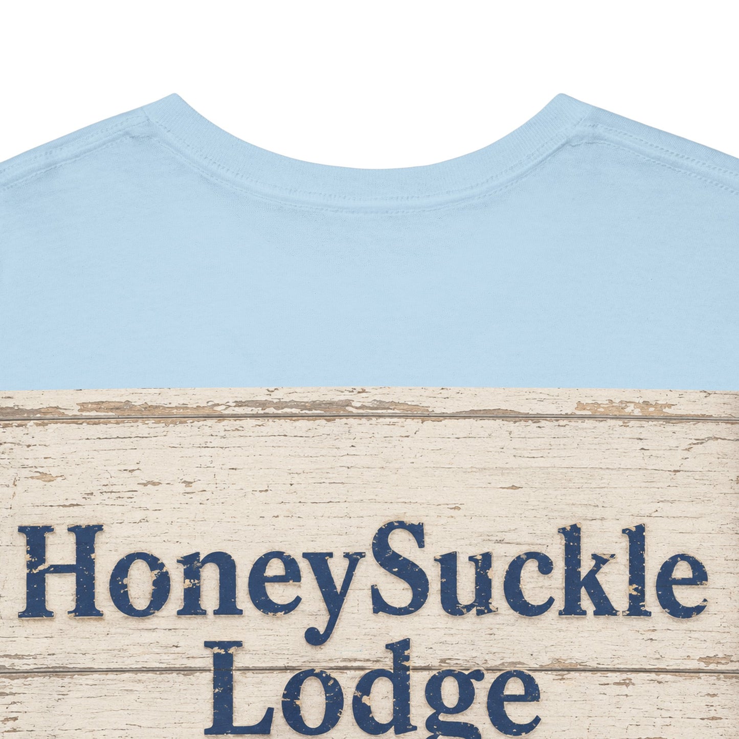 Honeysuckle Lodge Vintage Beach Print tee shirt front/back ("Honeysuckle Lodge - 50+ years of fun in the sun")