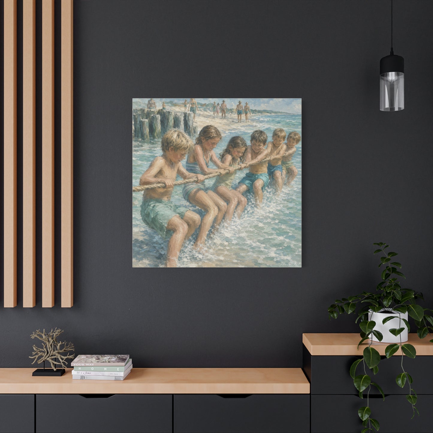 Beach Tug-of-War Matte Canvas Print — Vintage Seaside Children Wall Art