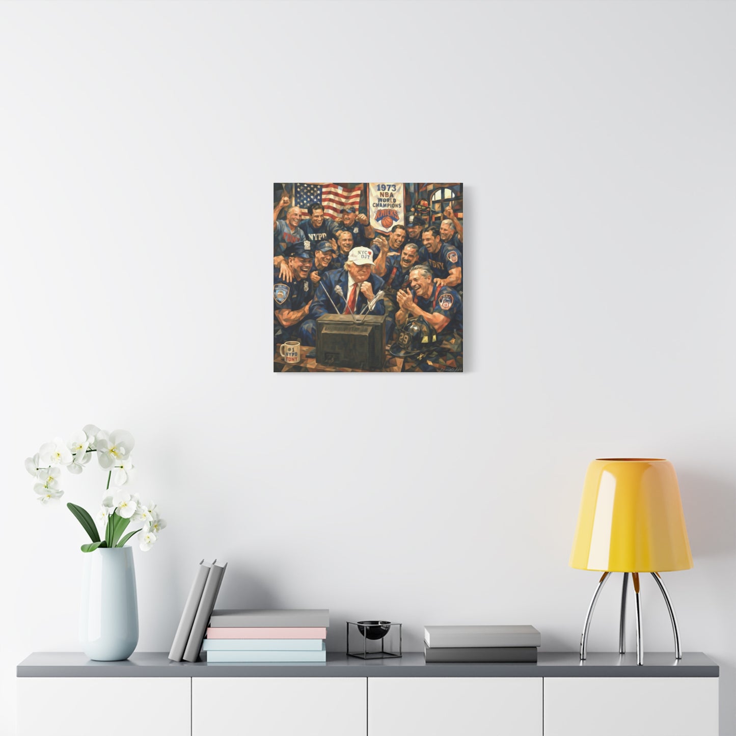 Trump Patriotic NYC Firefighters  Matte Stretched Canvas — Vintage NYPD Tribute Wall Art