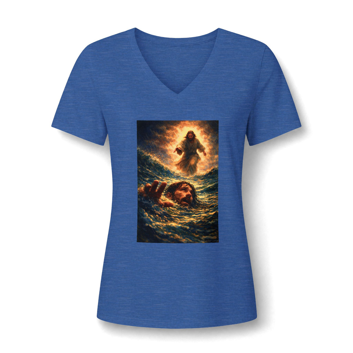V-Neck Tee -Jesus Saving Peter—Walking on Water Christian Graphic Shirt