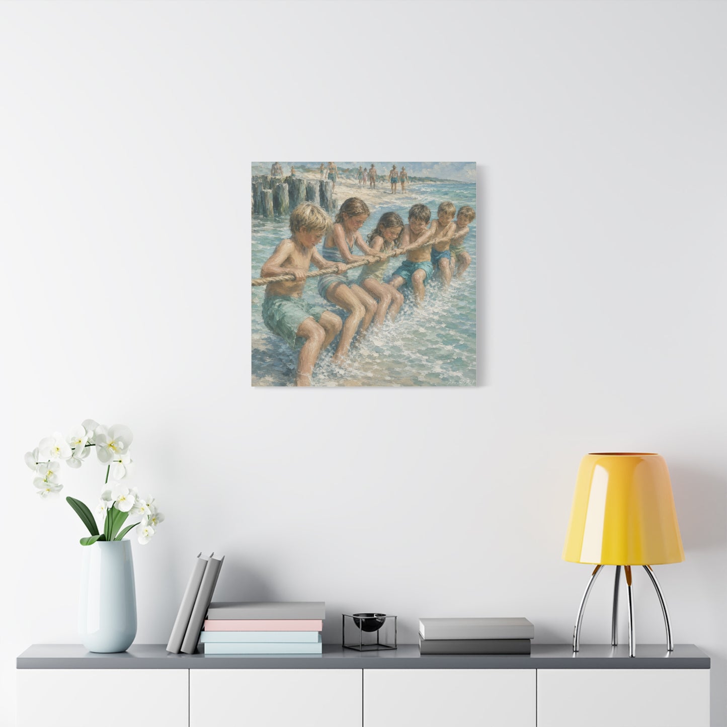 Beach Tug-of-War Matte Canvas Print — Vintage Seaside Children Wall Art