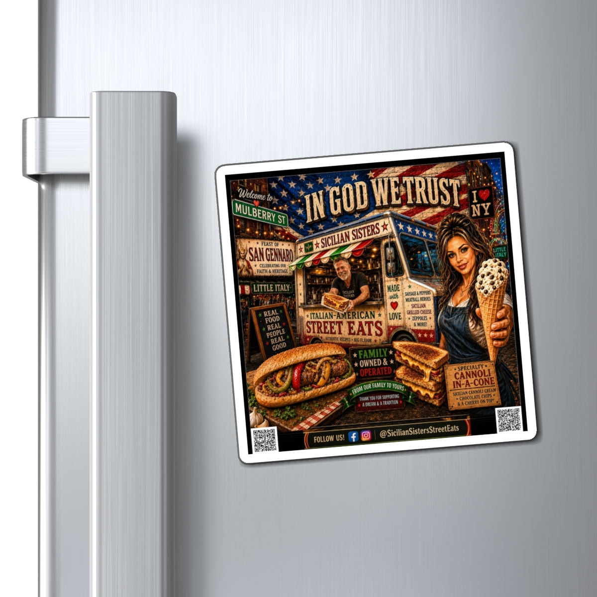 Italian-American Street Eats Magnet — "In God We Trust" Cannoli & Sandwich Food Truck Fridge Magnet