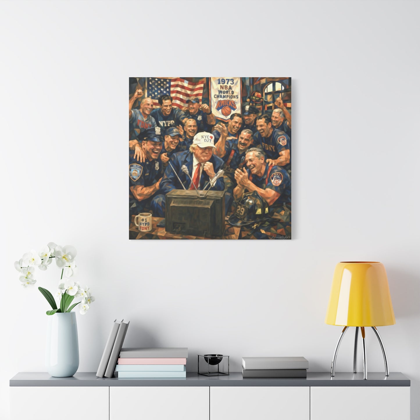 Trump Patriotic NYC Firefighters  Matte Stretched Canvas — Vintage NYPD Tribute Wall Art