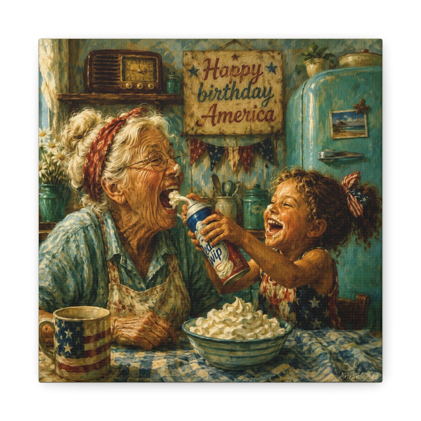 Happy Birthday America Canvas — Patriotic Grandma & Granddaughter Kitchen Wall Art