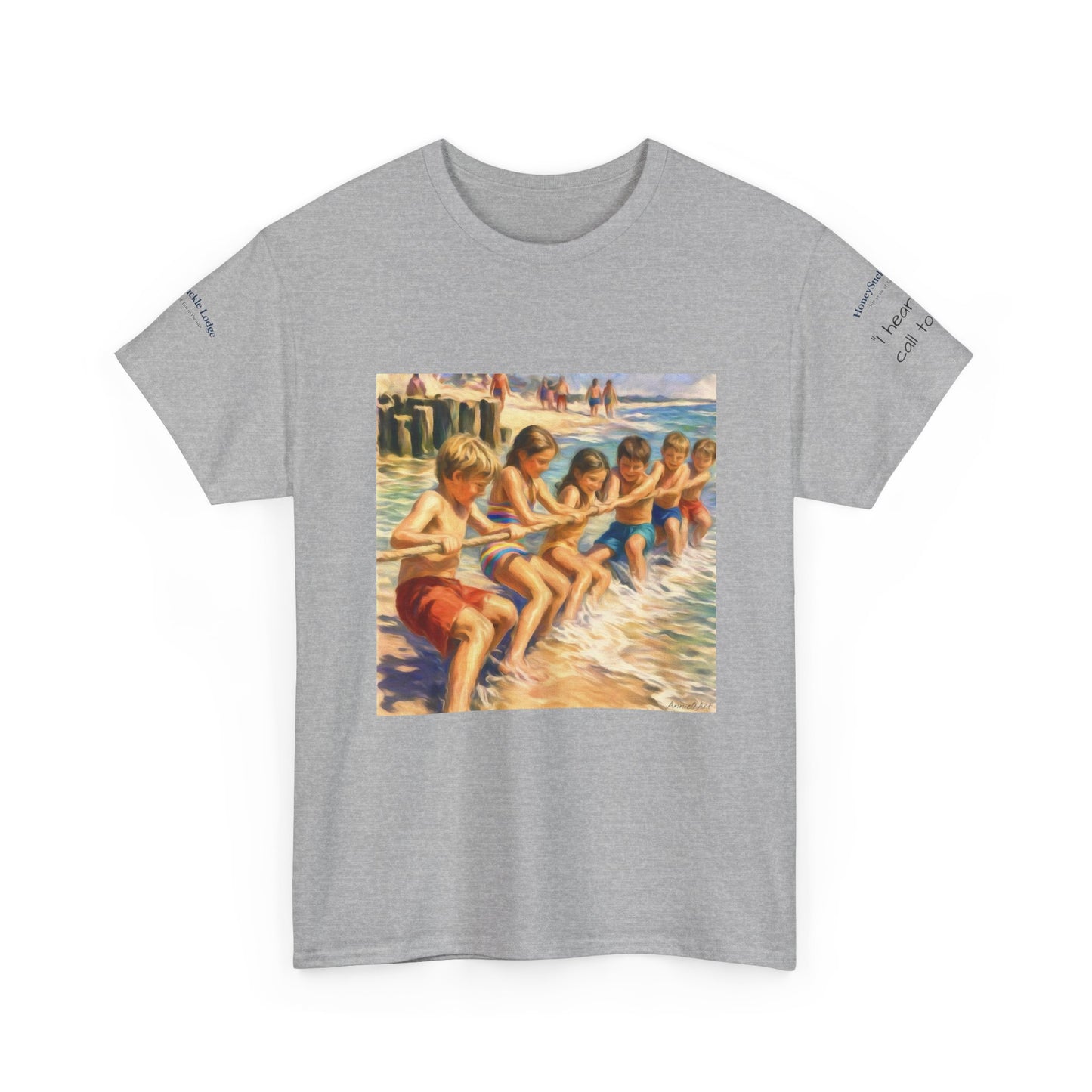 HoneySuckle Lodge Vintage Beach T-Shirt — "50+ years of fun in the sun" Retro Kids on Shore Design
