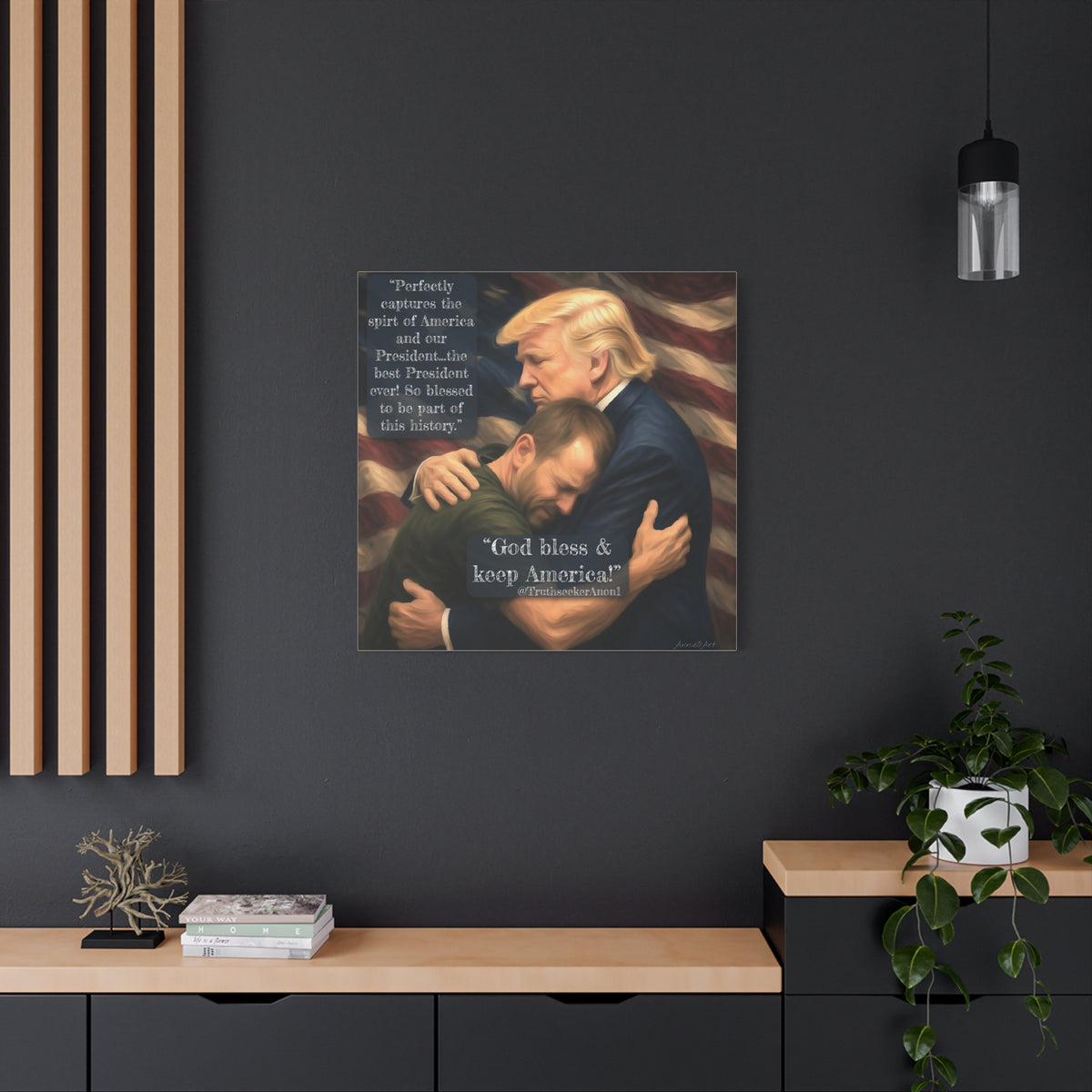 Trump Embrace Patriotic Canvas Wall Art — "God Bless & Keep America"