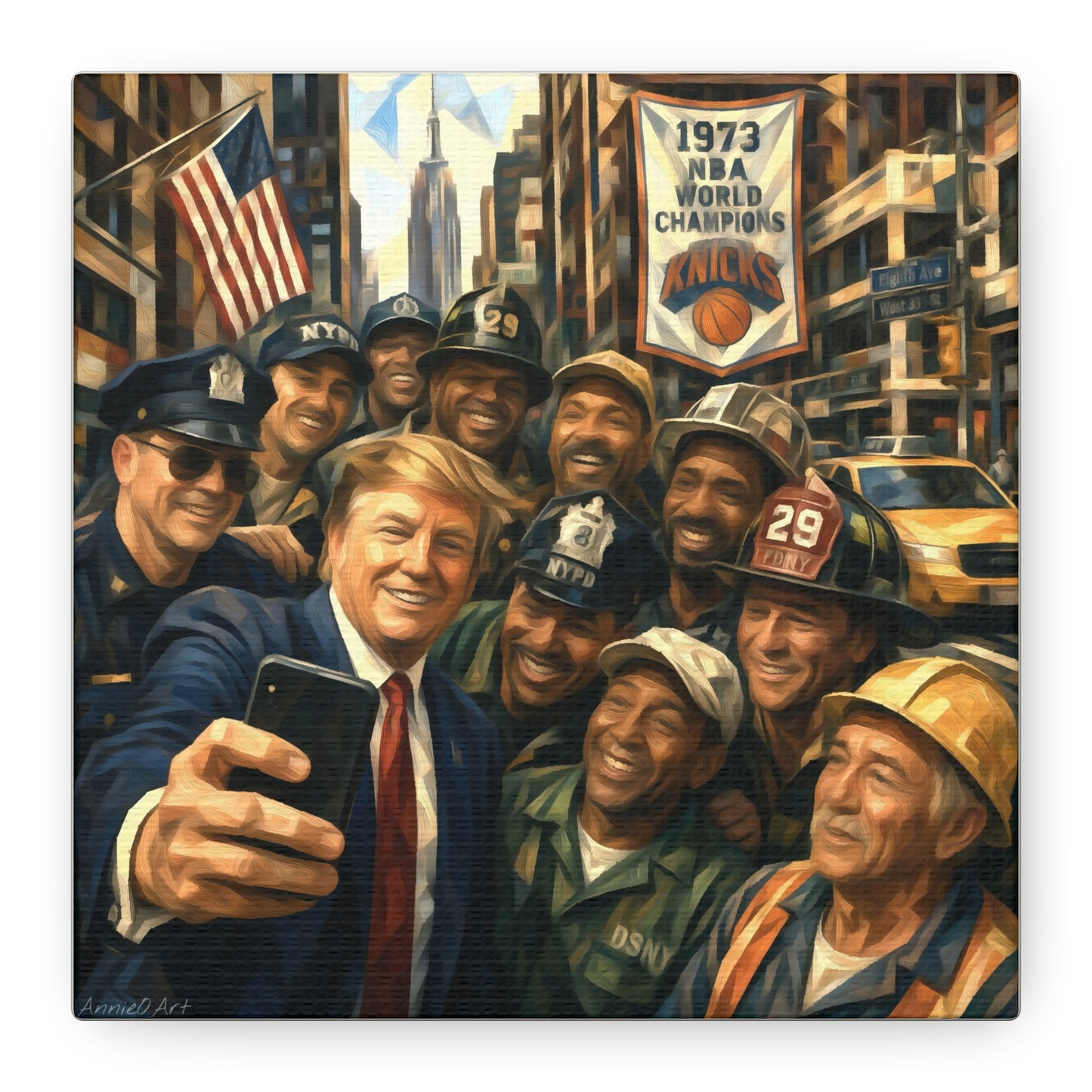 Trump Selfie w/City Workers Canvas Wall Art — Patriotic Urban Selfie Scene