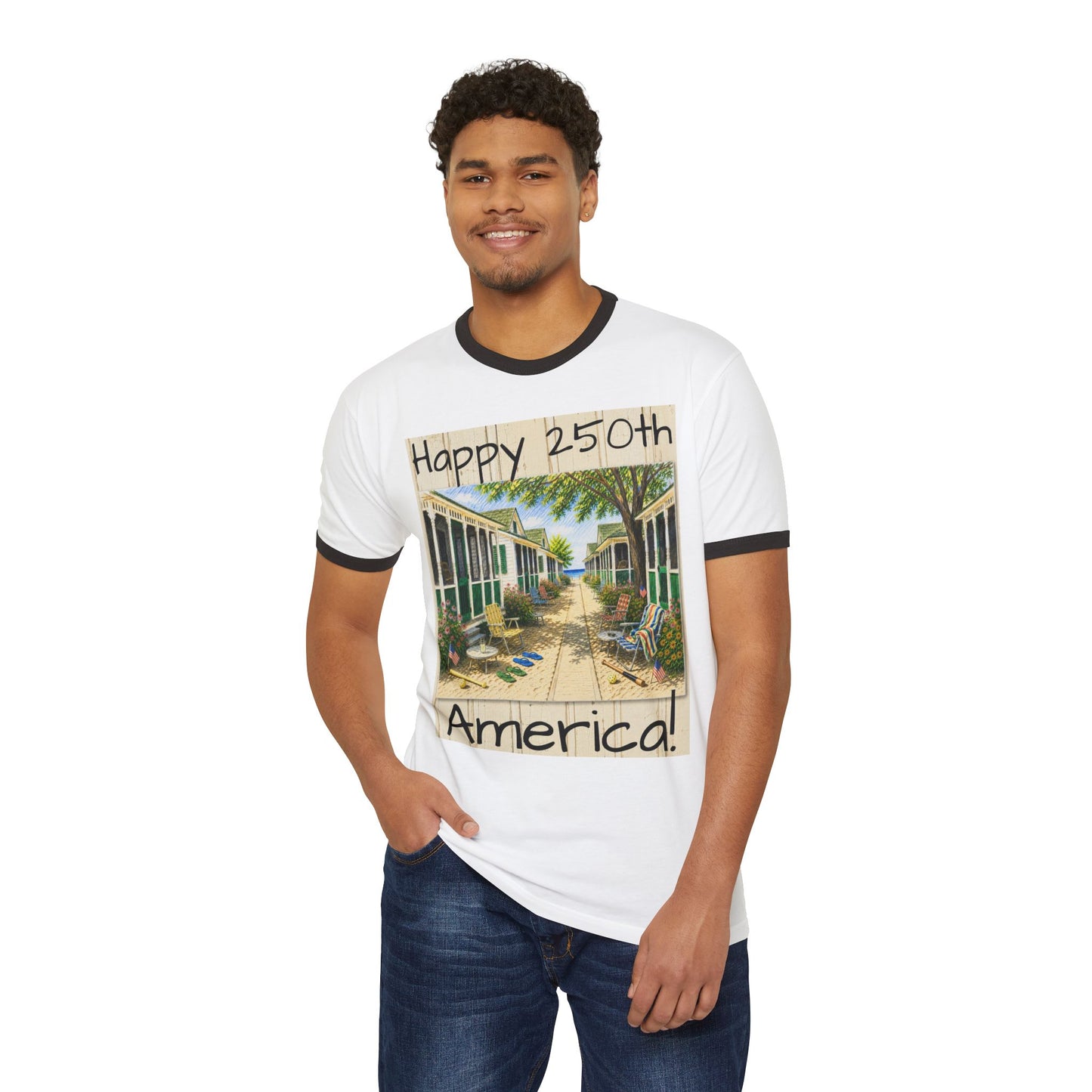 Happy 250th America Ringer T‑Shirt — Honeysuckle Lodge Vintage Beach Graphic
