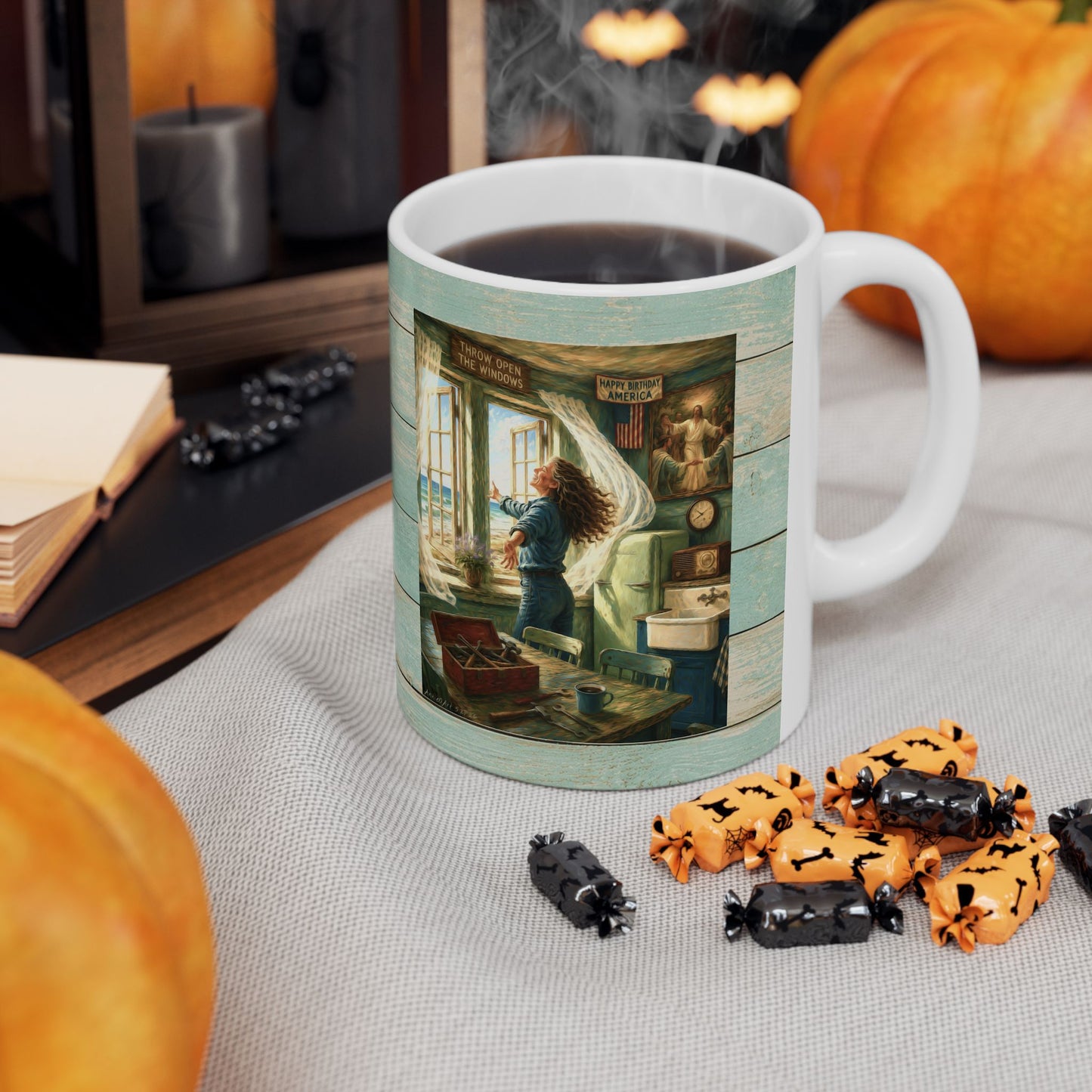 Coastal Vintage Beach Cottage Ceramic Mug — Seaside Window & Shells Design (11oz/15oz)