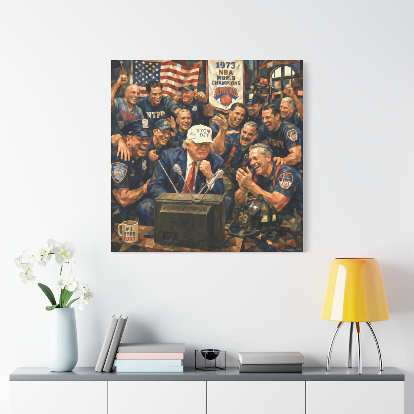 Trump Patriotic NYC Firefighters  Matte Stretched Canvas — Vintage NYPD Tribute Wall Art