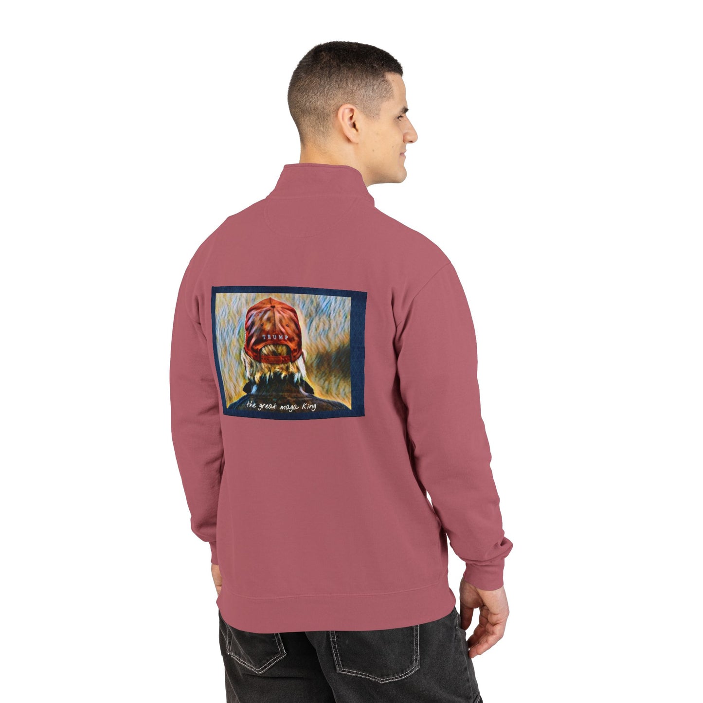 Trump MAGA Quarter-Zip Sweatshirt — Back Art ‘the great maga king’ Graphic- Runs small-order 1 size up