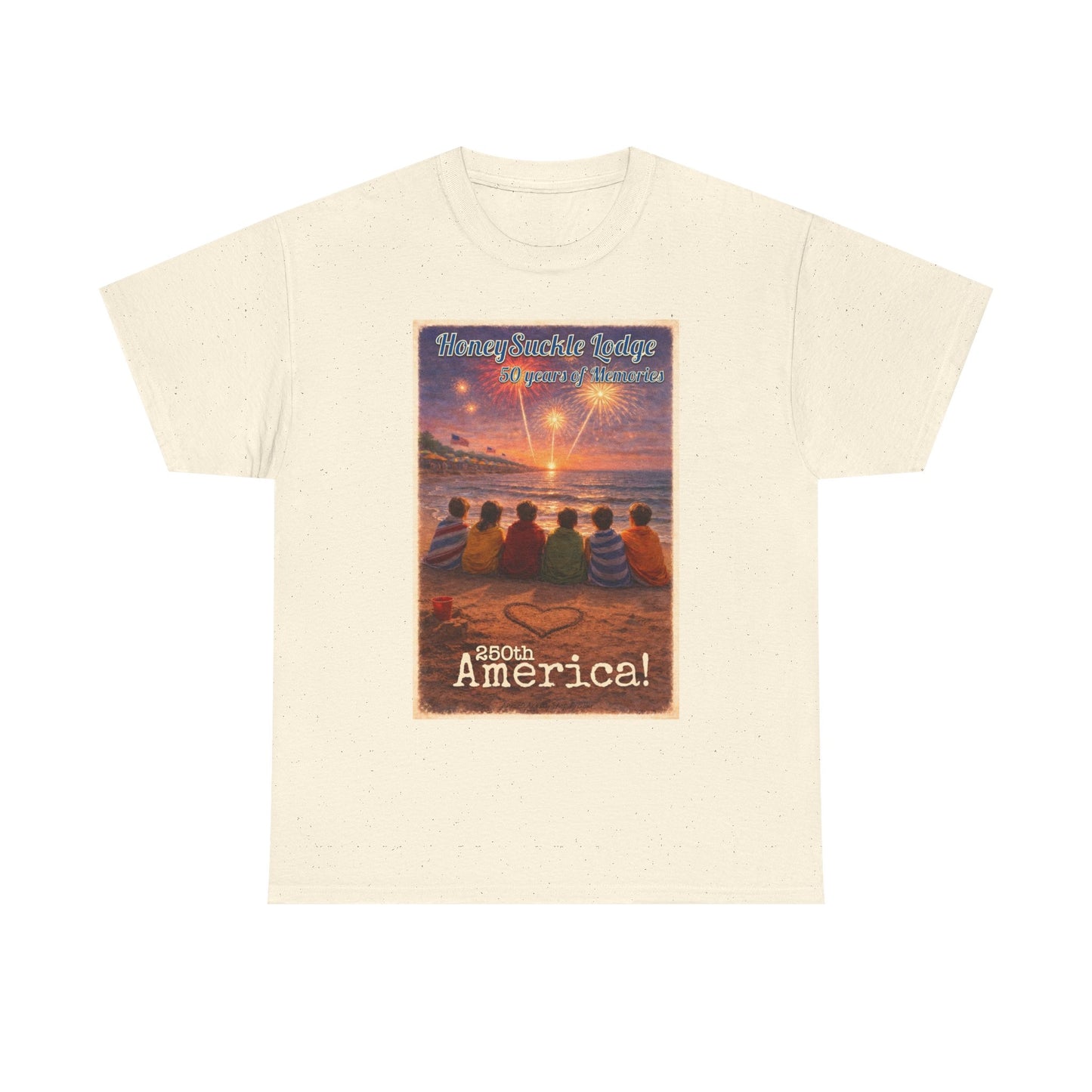 HoneySuckle Lodge 50th—Patriotic Sunset Beach T‑Shirt – 'God Bless America' Vintage Kids Watching Fireworks
