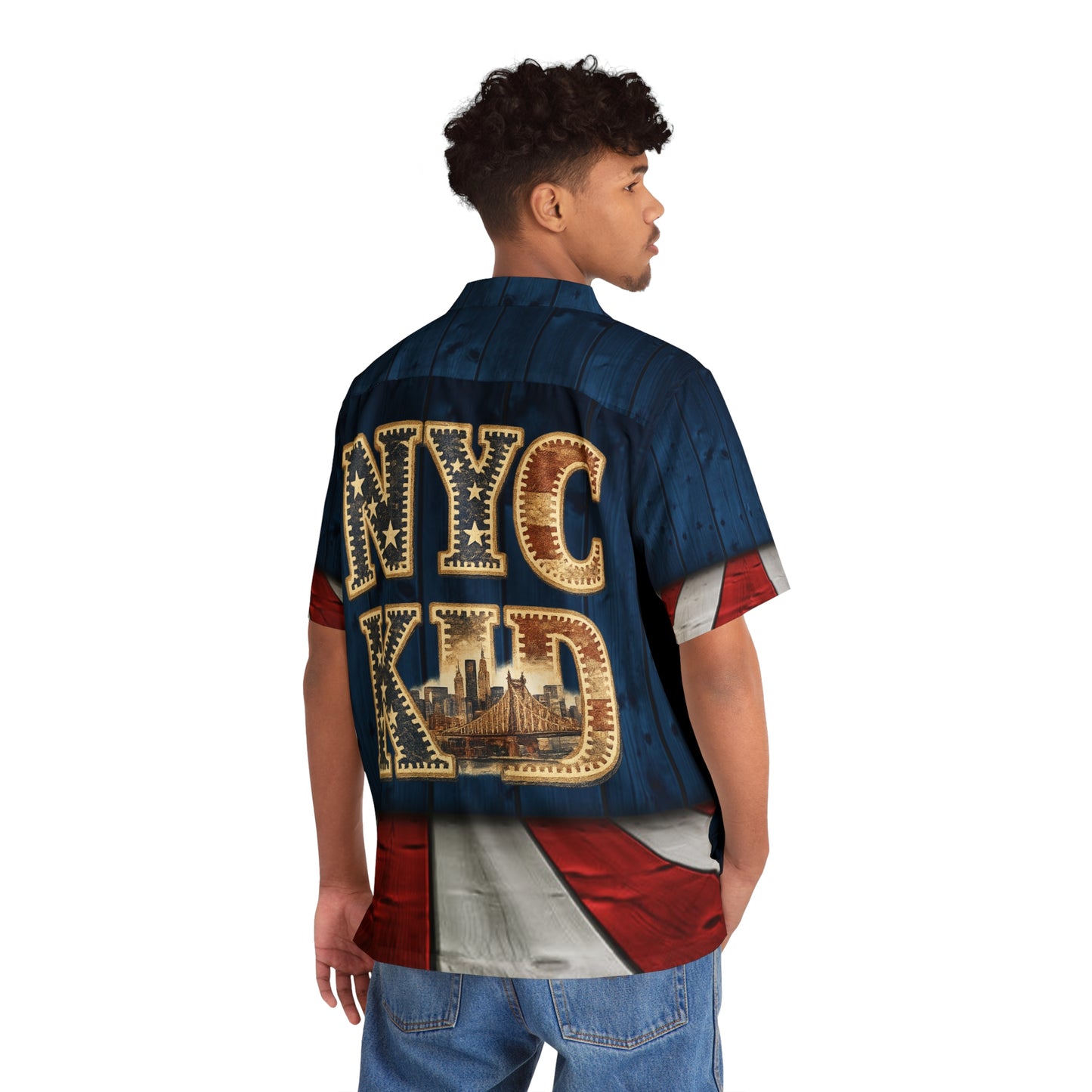 NYC Kid Patriotic Hawaiian Shirt — Red White Blue Flag Print