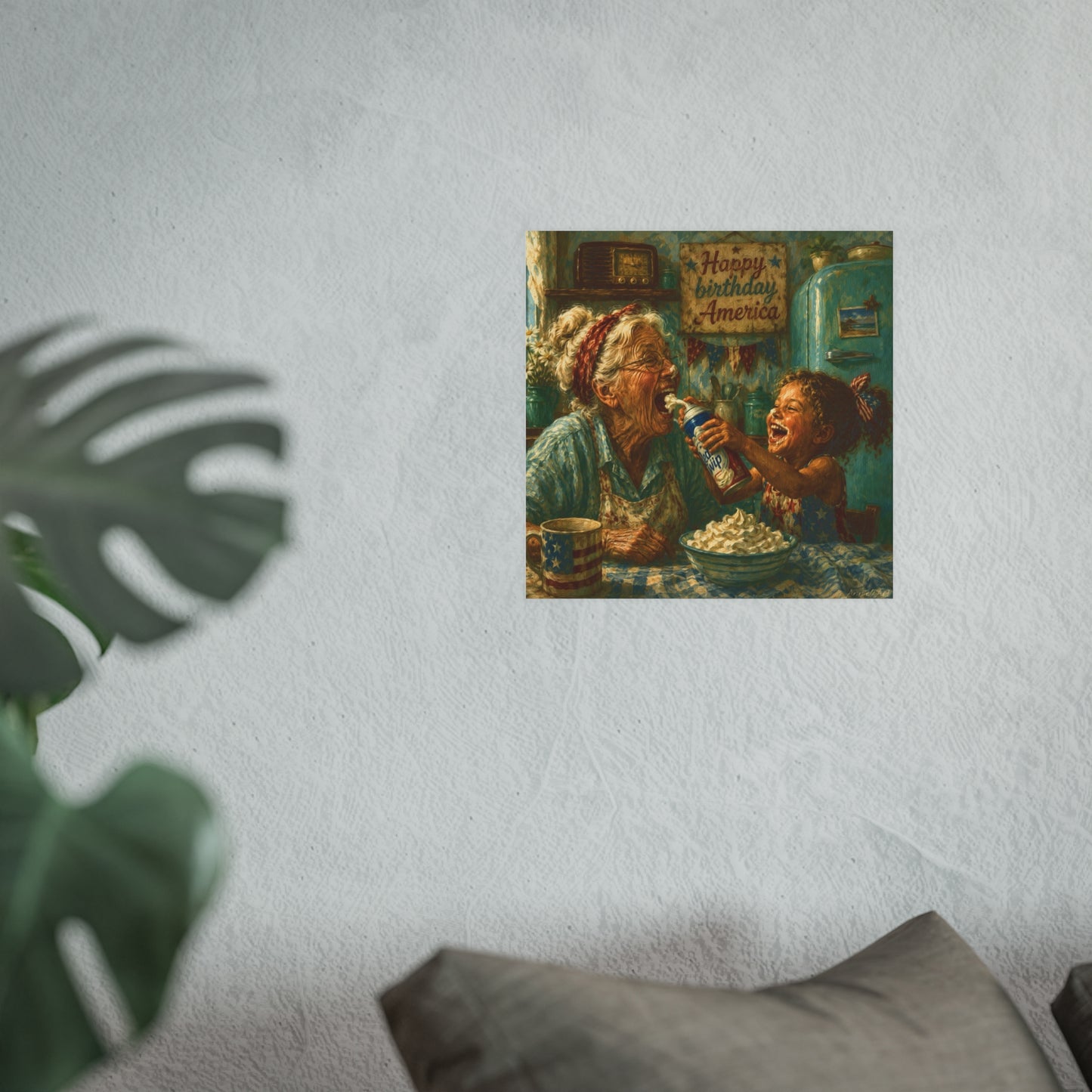 Happy Birthday America Poster — Vintage Grandma & Child Kitchen Art (Satin/Matte)