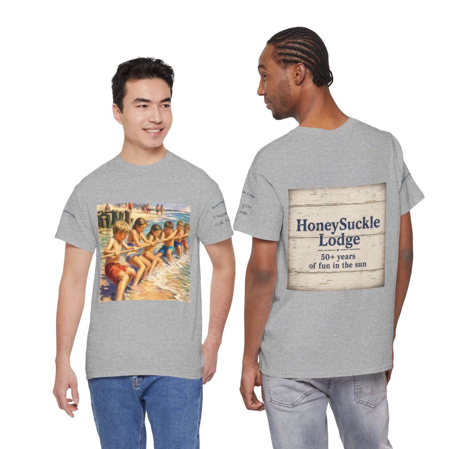 HoneySuckle Lodge Vintage Beach T-Shirt — "50+ years of fun in the sun" Retro Kids on Shore Design