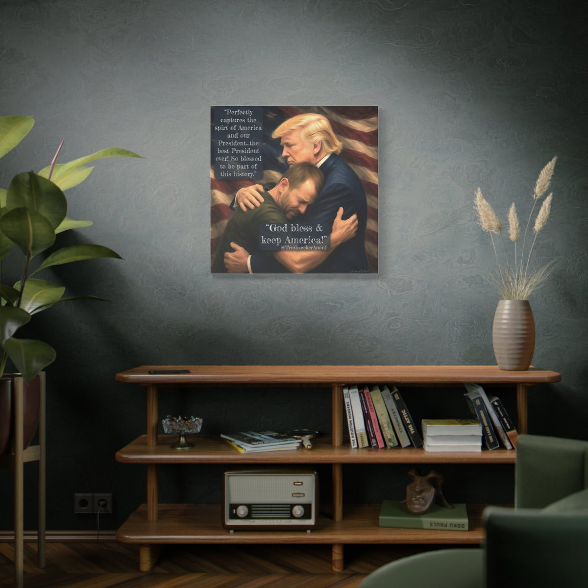 Trump Embrace Patriotic Canvas Wall Art — "God Bless & Keep America"
