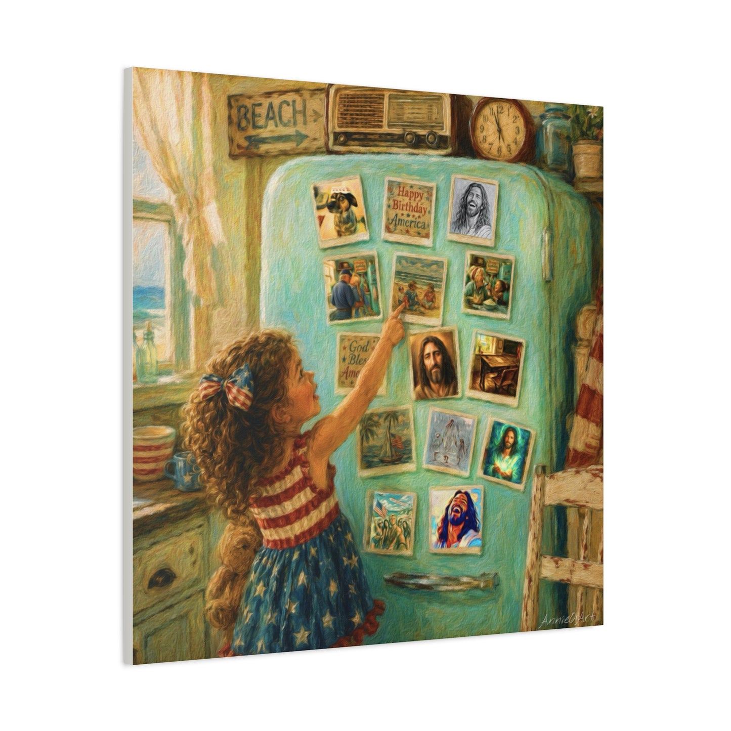 Americana Canvas Wall Art — Little Girl Pointing at Magnets on Vintage Fridge (Matte Stretched)