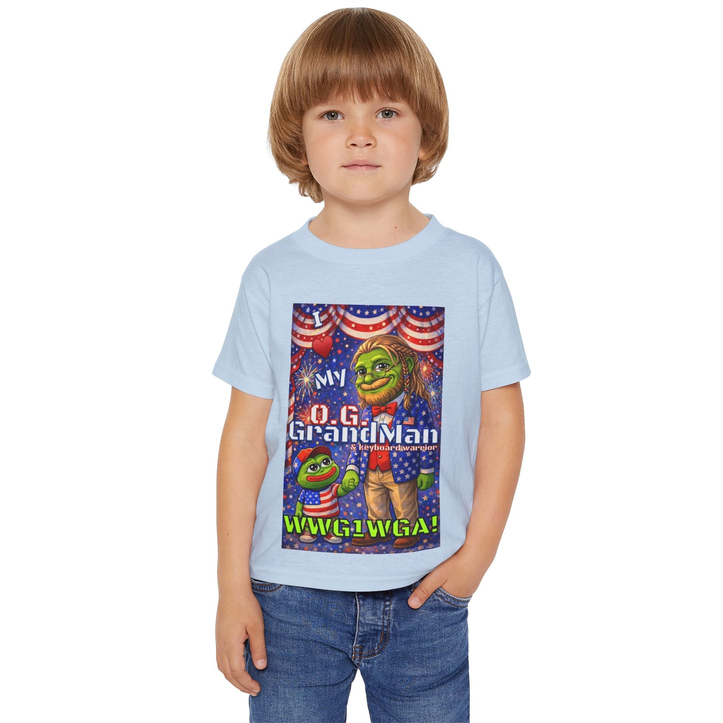 GrandMan/Grandpa Anons & Keyboard Warriors — "I ♥️ My O.G. GrandMan" Patriotic Frog Kids Tee (WWG1WGA)
