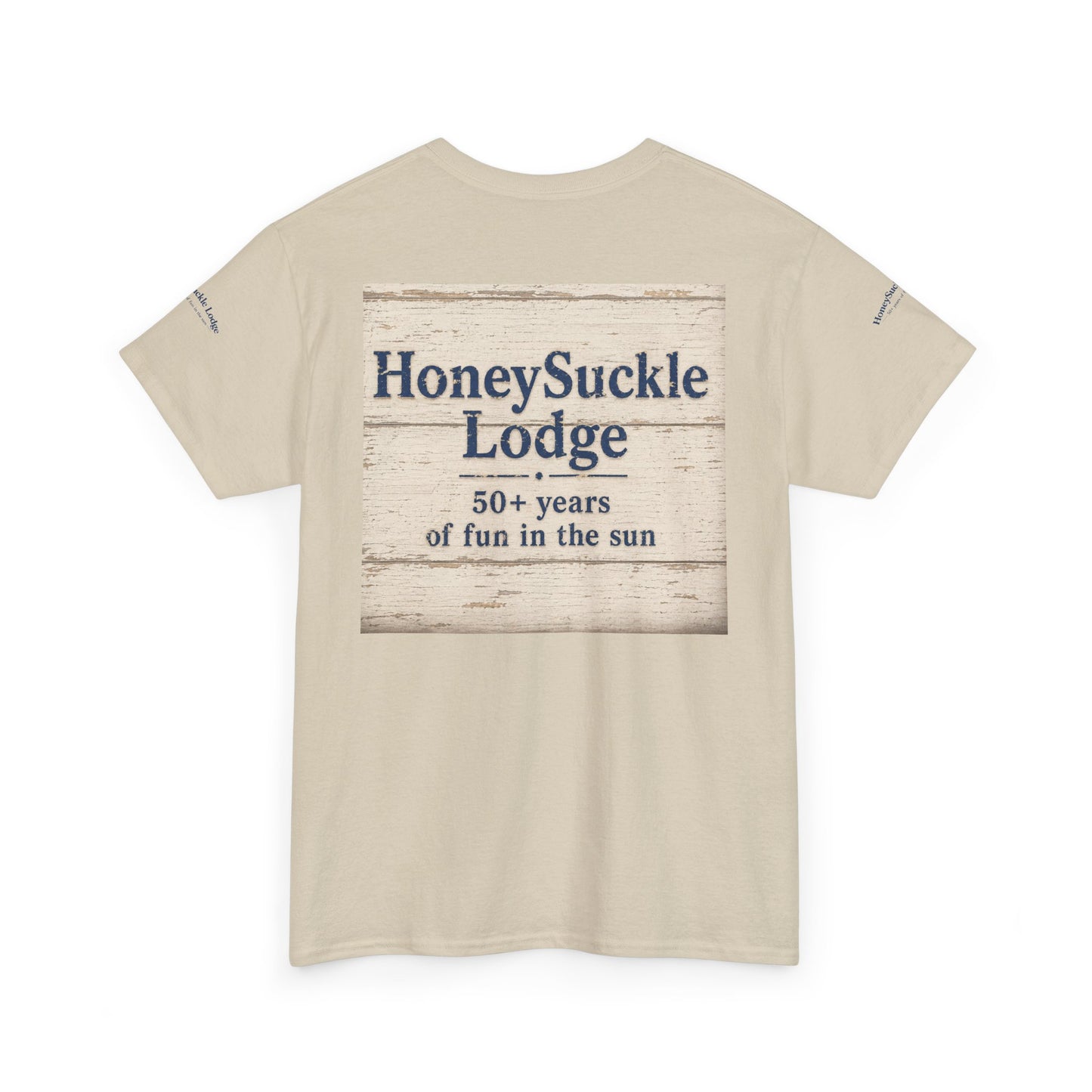 Honeysuckle Lodge Vintage Beach Print tee shirt front/back ("Honeysuckle Lodge - 50+ years of fun in the sun")
