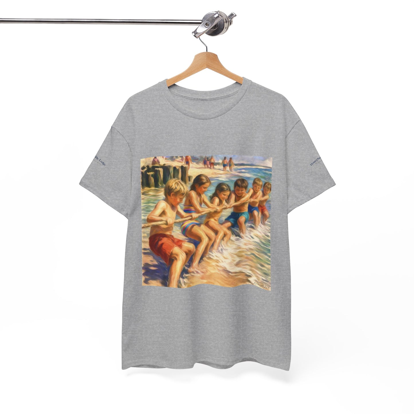 Honeysuckle Lodge Vintage Beach Print tee shirt front/back ("Honeysuckle Lodge - 50+ years of fun in the sun")