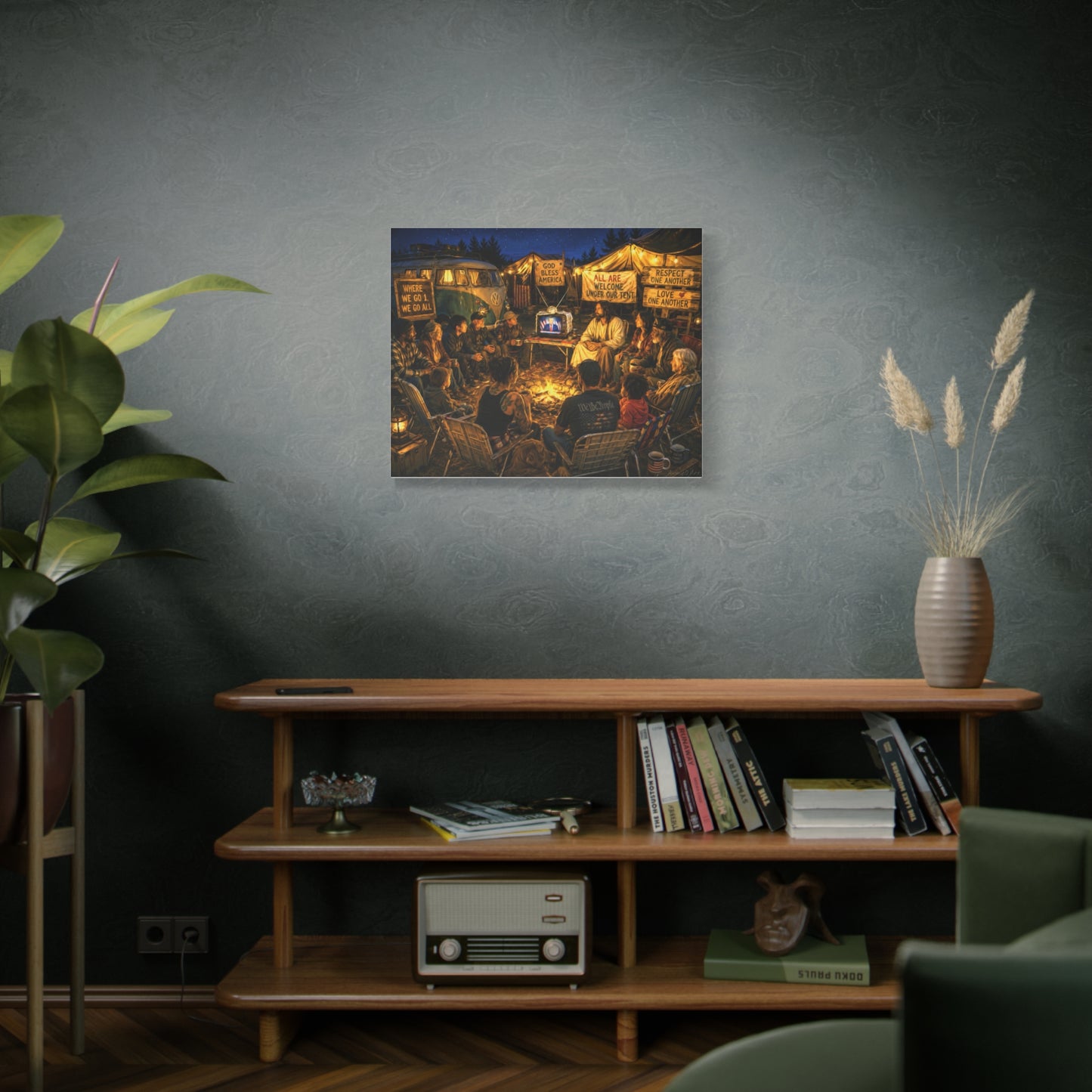 God Bless America—Campfire Fellowship Canvas Wall Art — 'All Are Welcome' Rustic Gathering Scene—MAGA—WWG1WGA