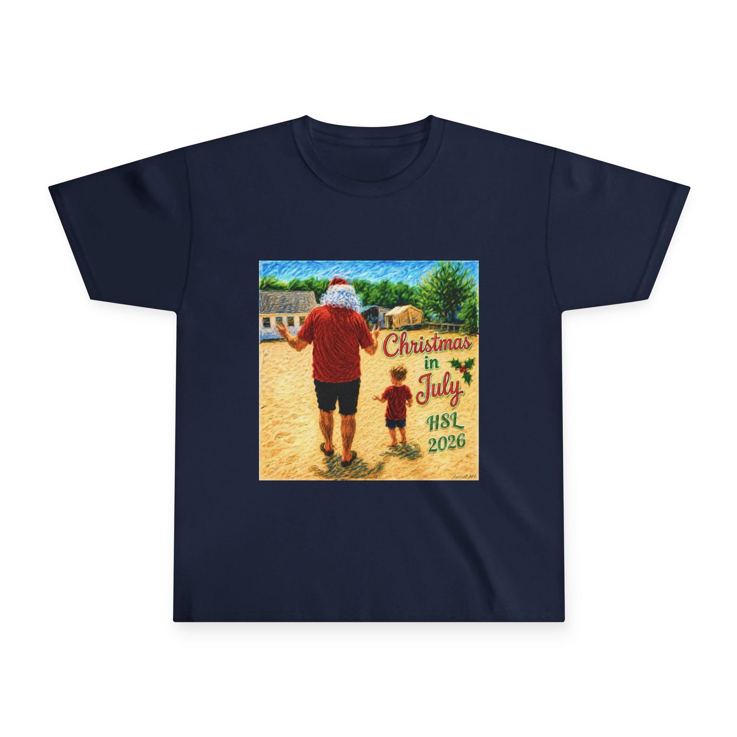 Youth Tee - 'Christmas in July 2026' Santa & Child Beach Design