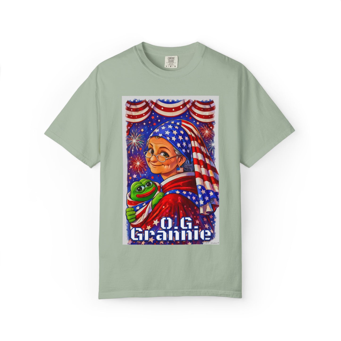 Grandmas Patriotic Original Gansta “OG Grannie” T-Shirt — American Flag Grandma w baby Pepe Graphic Tee