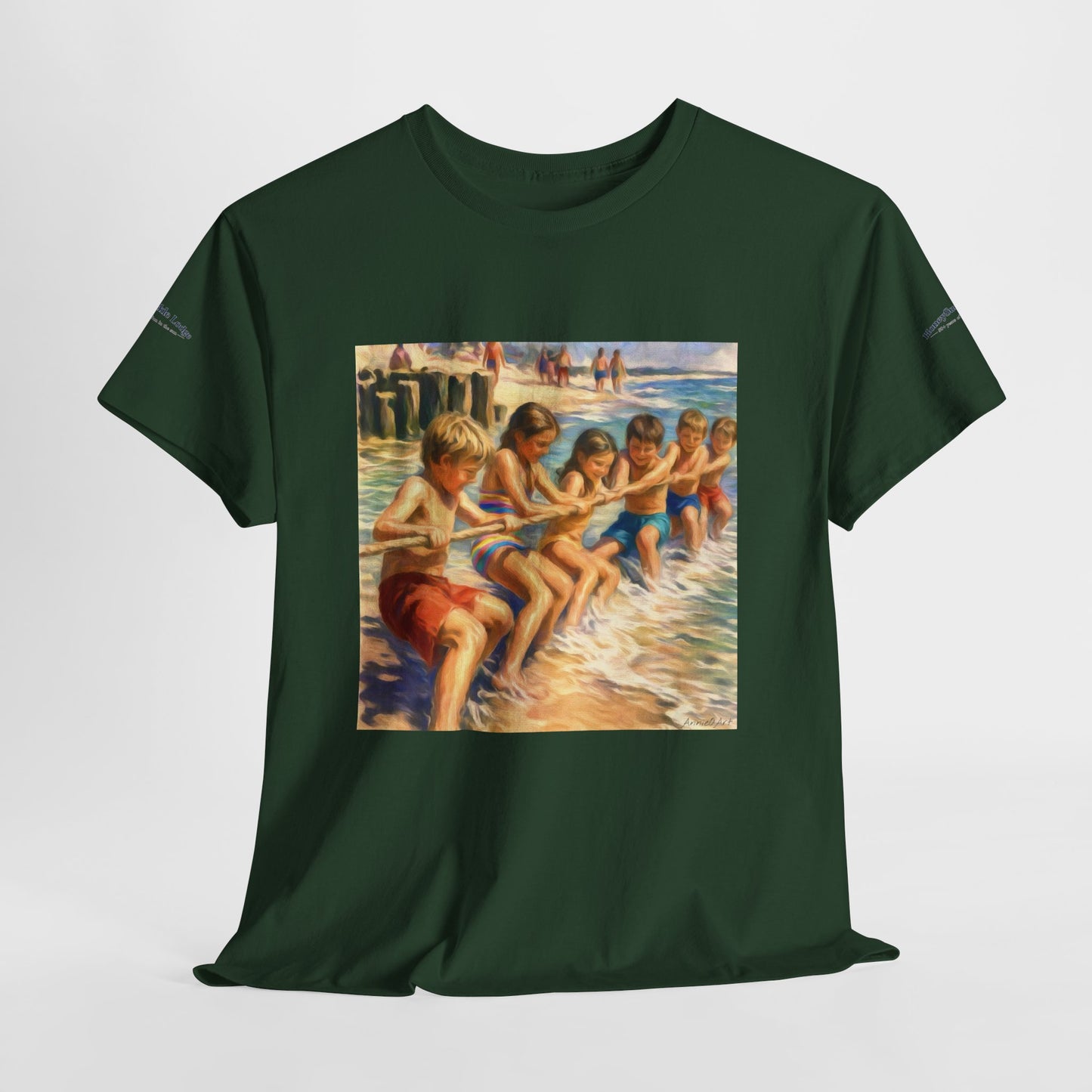 Honeysuckle Lodge Vintage Beach Print tee shirt front/back ("Honeysuckle Lodge - 50+ years of fun in the sun")