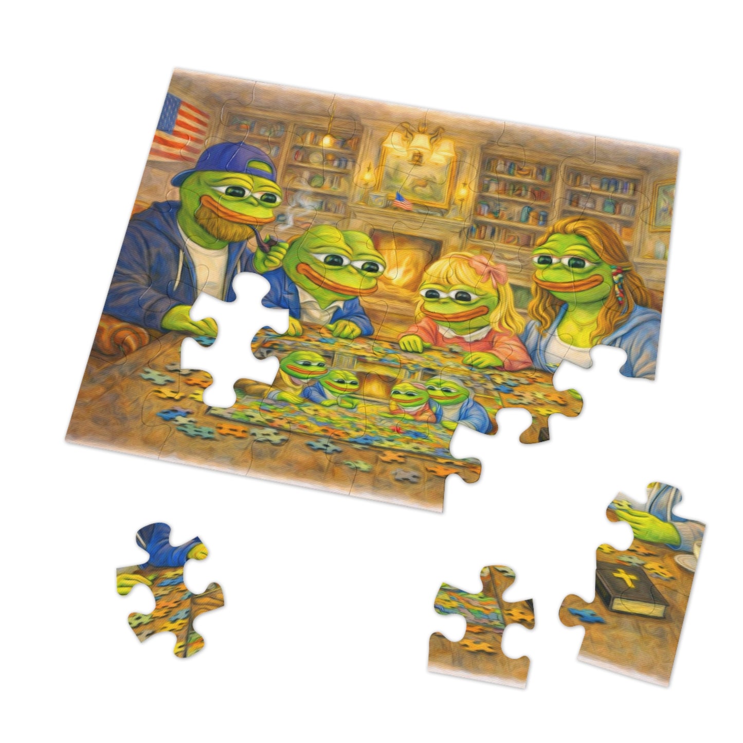Family Game Night Jigsaw Puzzle with Tin — Cozy Cabin Pepe Frog Scene