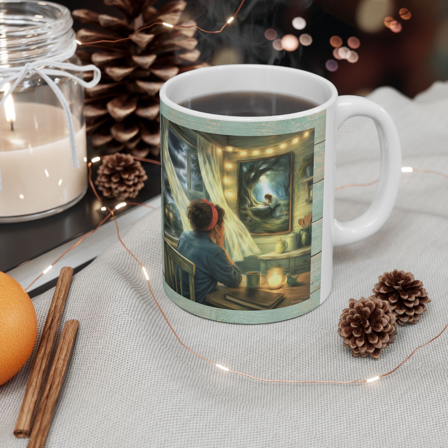 Meditating with Jesus Ceramic Mug — Cottage Nighttime Coffee Cup (11oz)