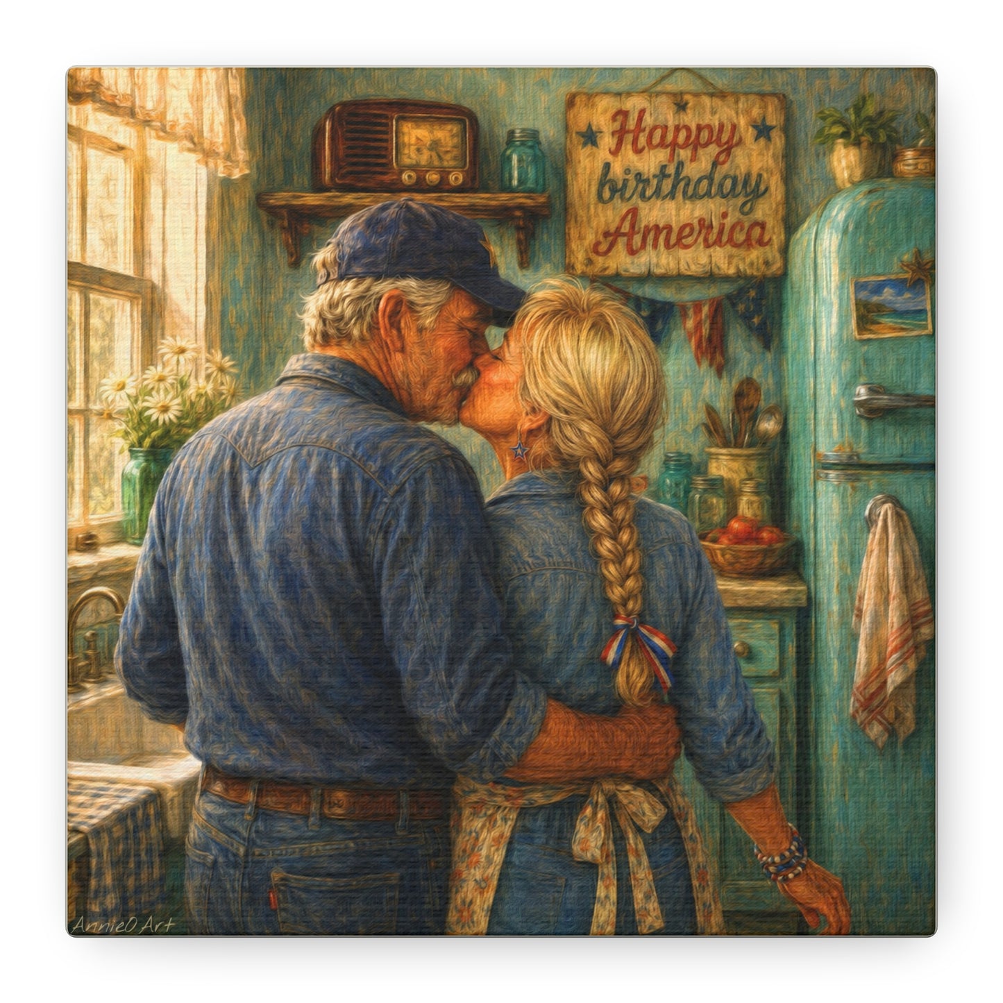 Patriotic Kitchen Romance Canvas Wall Art — "Happy Birthday America" Stretched Matte Print